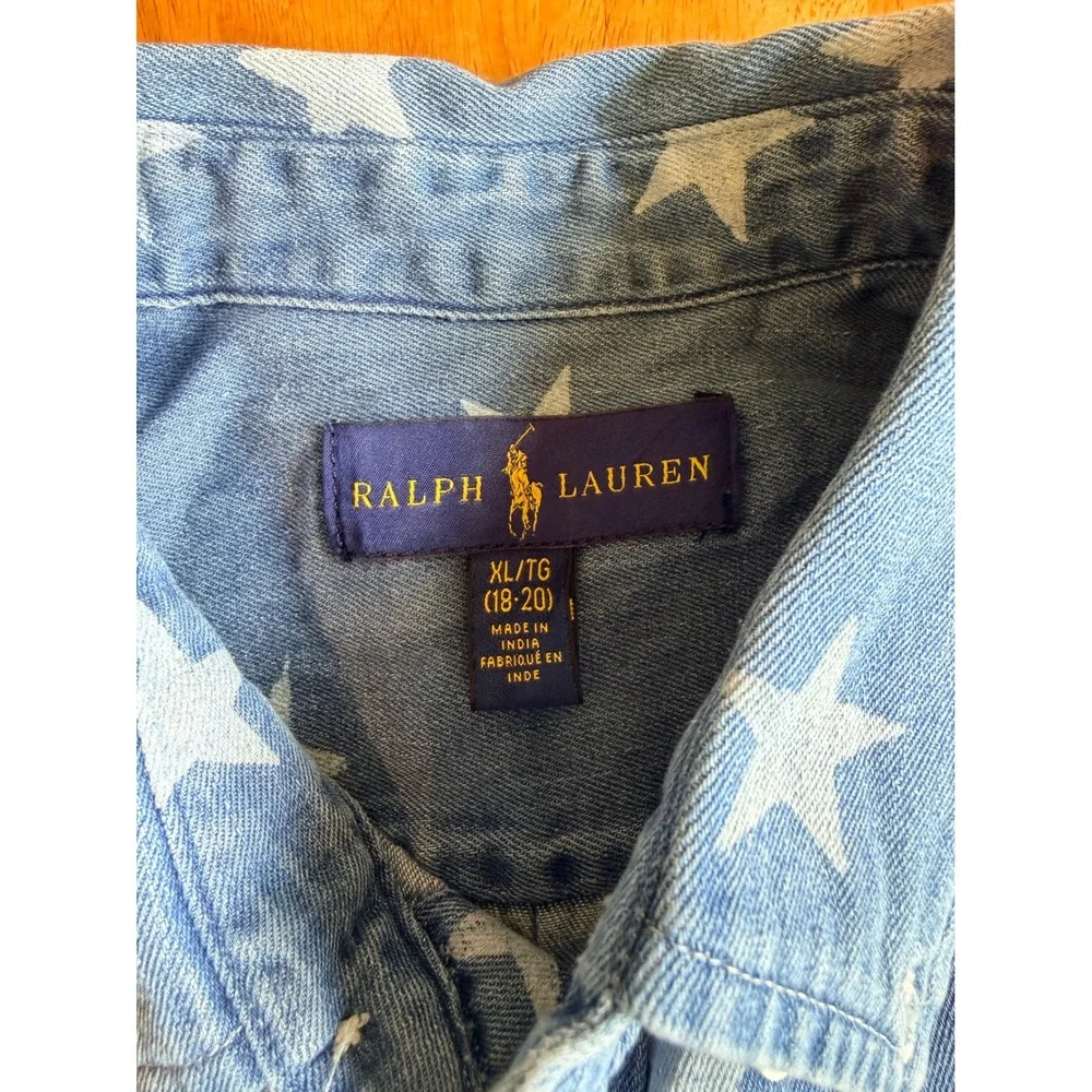 Ralph‎ Lauren Kids XL 18-20 Blue Star Print Denim Anchor Short Sleeve Shirt